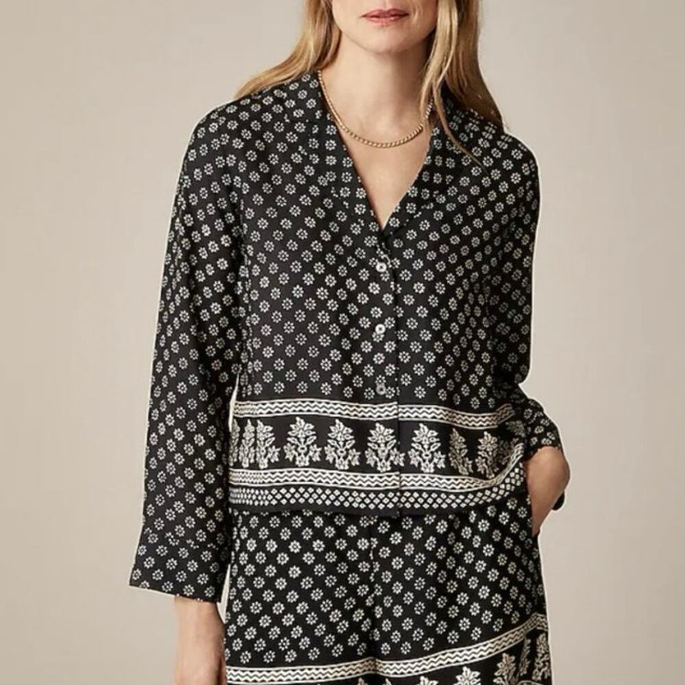 J.Crew Womens Camp Collar Button Up Shirt Block Print Faded Black Size Large NWT